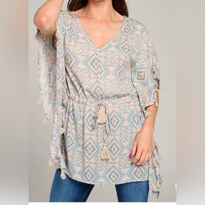 Geometric Puff Sleeve Patterned Blue and Cream Adjustable Waist Women's Top